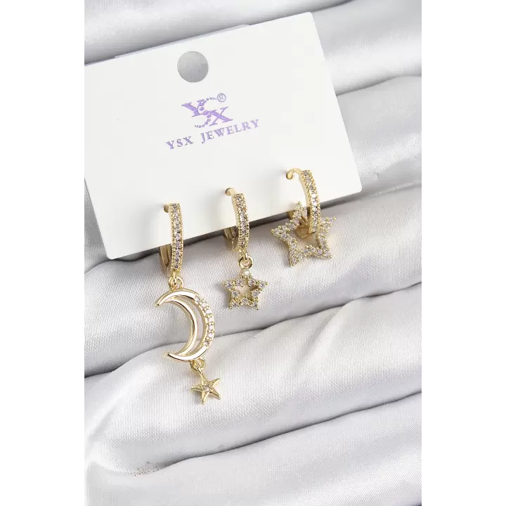 Pirinç Zİrkon Taşlı Ay Ve Hilal Model Gold Renk 3lü Kadın Küpe