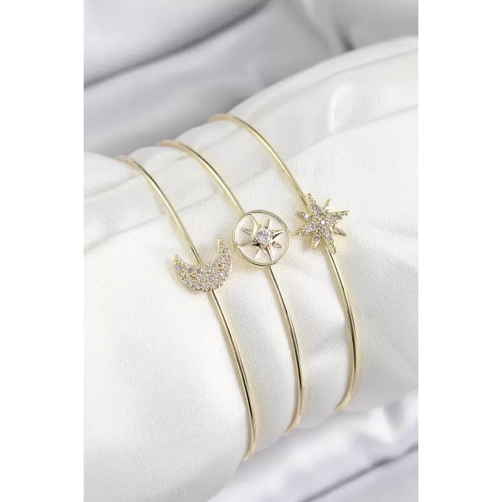 Pirinç Zirkon Taşlı Ay Ve Kutup Yıldızı Model Gold Renk Vip 3lü Kadın Bileklik