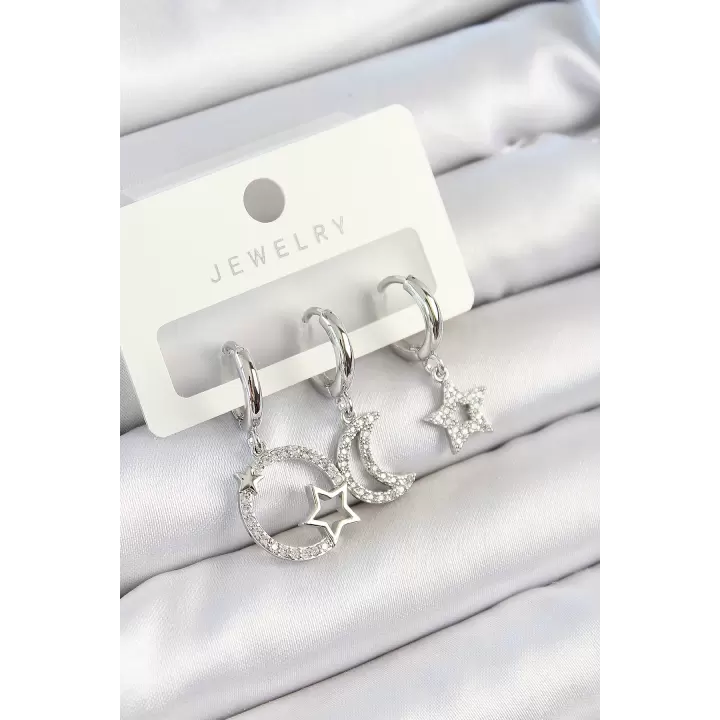 Pirinç Zirkon Taşlı Ay Ve Yıldız Model Gümüş Renk 3lü Çift Kadın Küpe Set