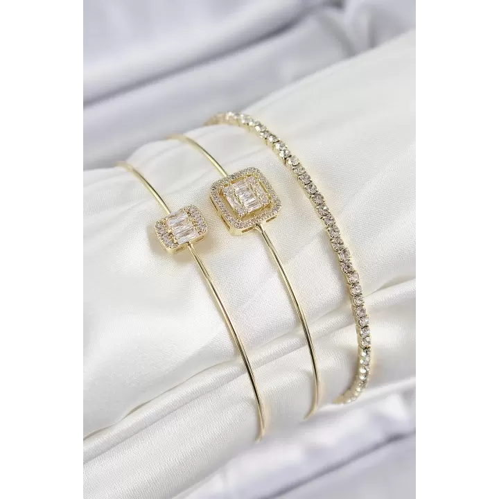 Pirinç Zirkon Taşlı Baget Model Gold Renk Vip 3lü Kadın Bileklik