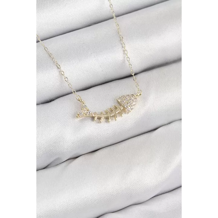 Pirinç Zirkon Taşlı Balık Kılçığı Model Gold Renk Kadın Kolye