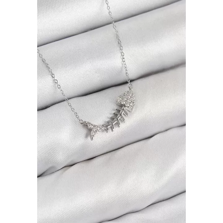 Pirinç Zirkon Taşlı Balık Kılçığı Model Gümüş Renk Kadın Kolye