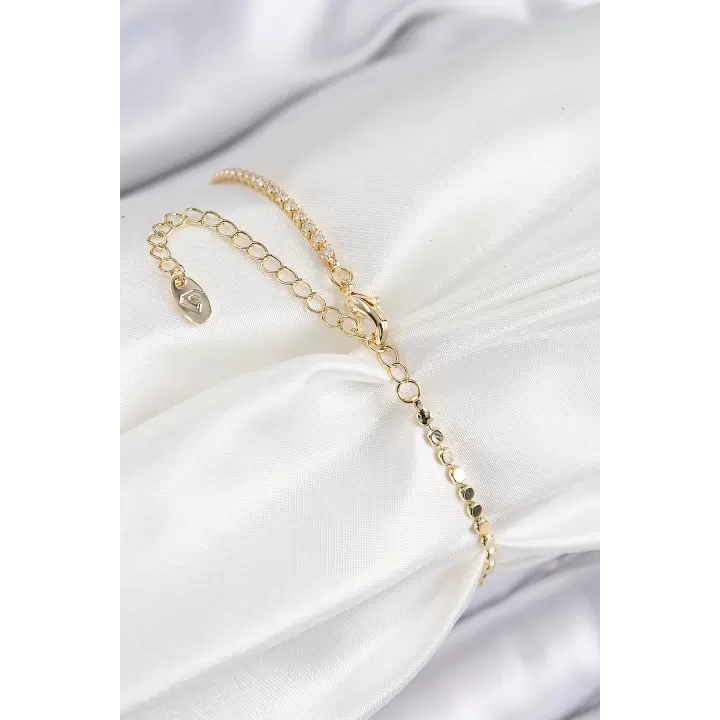 Pirinç Zirkon Taşlı Boncuk Model Ezme Zincir Gold Renk Kadın Bileklik