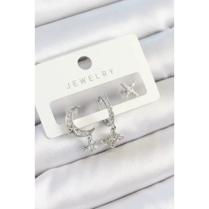 Pirinç Zirkon Taşlı Çiçek Ve Ay Model Gümüş Renk 3lü Çift Kadın Küpe Set
