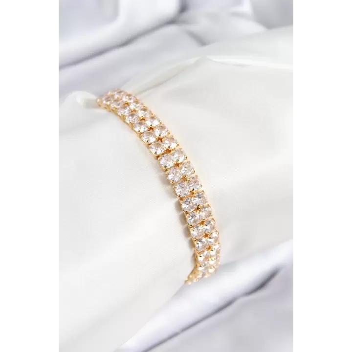 Pirinç Zirkon Taşlı Çift Sıra Kare Model Gold Renk Asansörlü Kadın Bileklik
