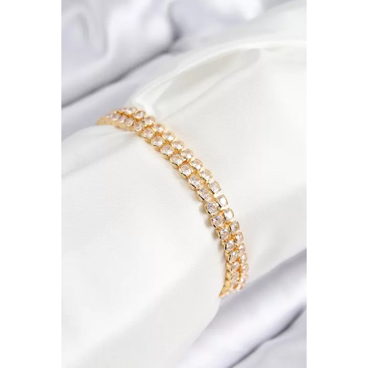 Pirinç Zirkon Taşlı Çift Sıra Model Gold Renk Asansörlü Kadın Bileklik