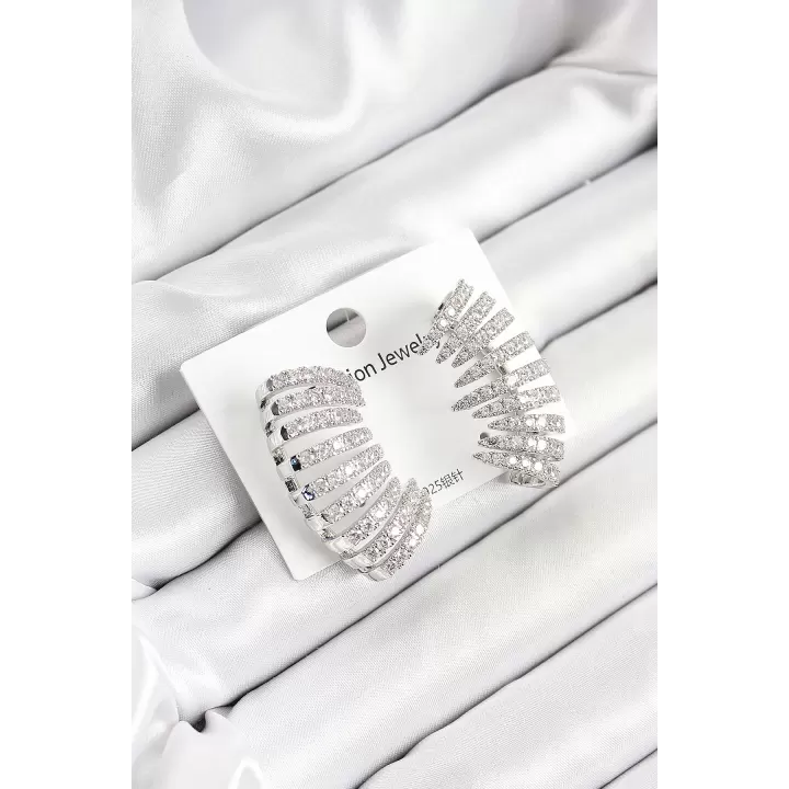 Pirinç Zirkon Taşlı Çoklu Görünümlü Model Gümüş Renk Kadın Küpe