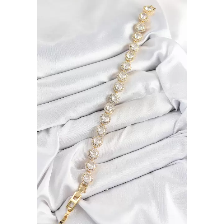 Pirinç Zirkon Taşlı Daire Baget Model Gold Renk VIP Seri Kadın Bileklik