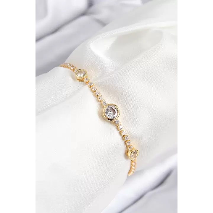 Pirinç Zirkon Taşlı Daire Model Gold Renk Asansörlü Kadın Bileklik