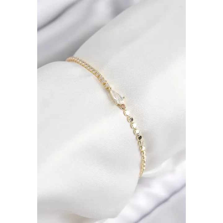 Pirinç Zirkon Taşlı Damla Model Ezme Zincir Gold Renk Kadın Bileklik