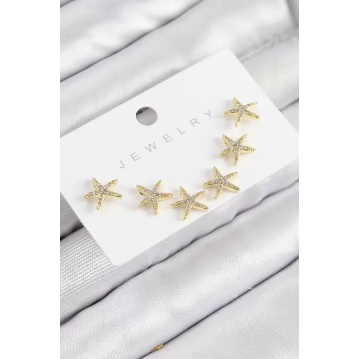 Pirinç Zirkon Taşlı Deniz Yıldızı Model Gold Renk 925 Ayar Gümüş Çivi Kadın Küpe Set