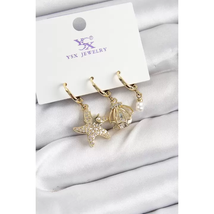 Pirinç Zİrkon Taşlı Deniz Yıldızı Ve İstiridye Model Gold Renk 3lü Kadın Küpe