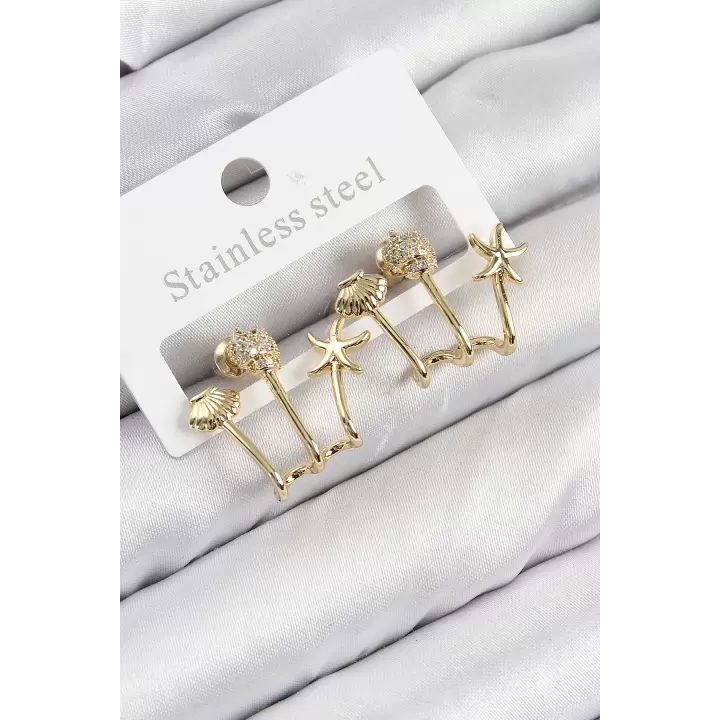 Pirinç Zirkon Taşlı Deniz Yıldızı ve İstiridye Model Gold Renk Kadın Küpe