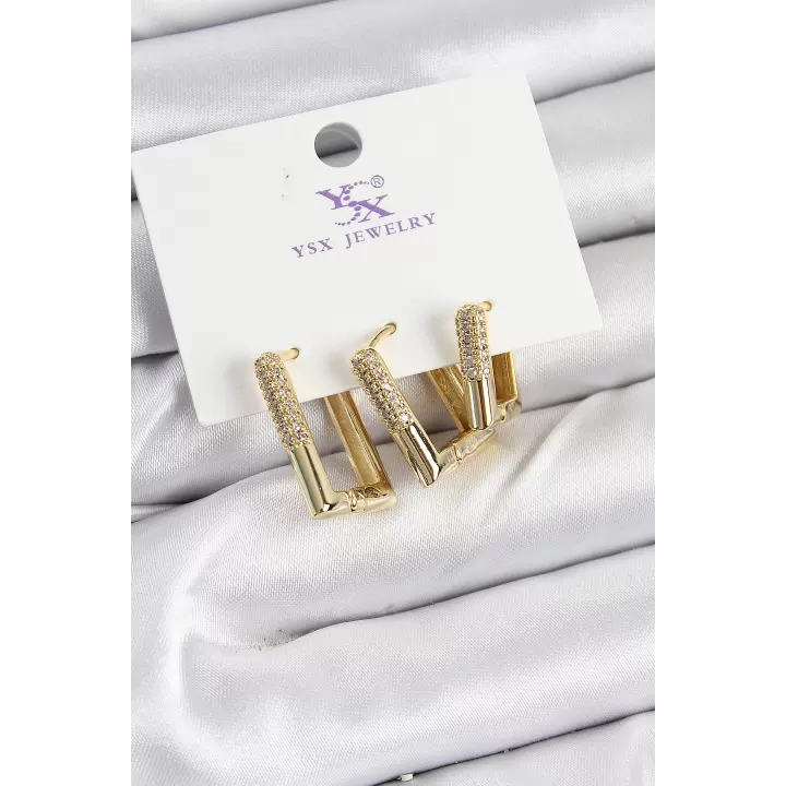 Pirinç Zİrkon Taşlı Dikdörtgen Model Gold Renk 3lü Kadın Küpe