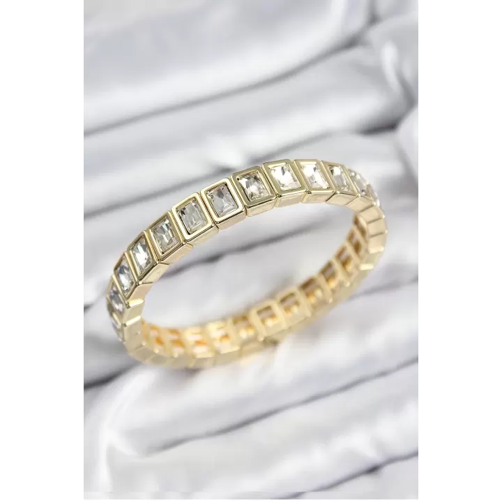 Pirinç Zirkon Taşlı Dikdörtgen Model Gold Renk Lastikli Kadın Bileklik