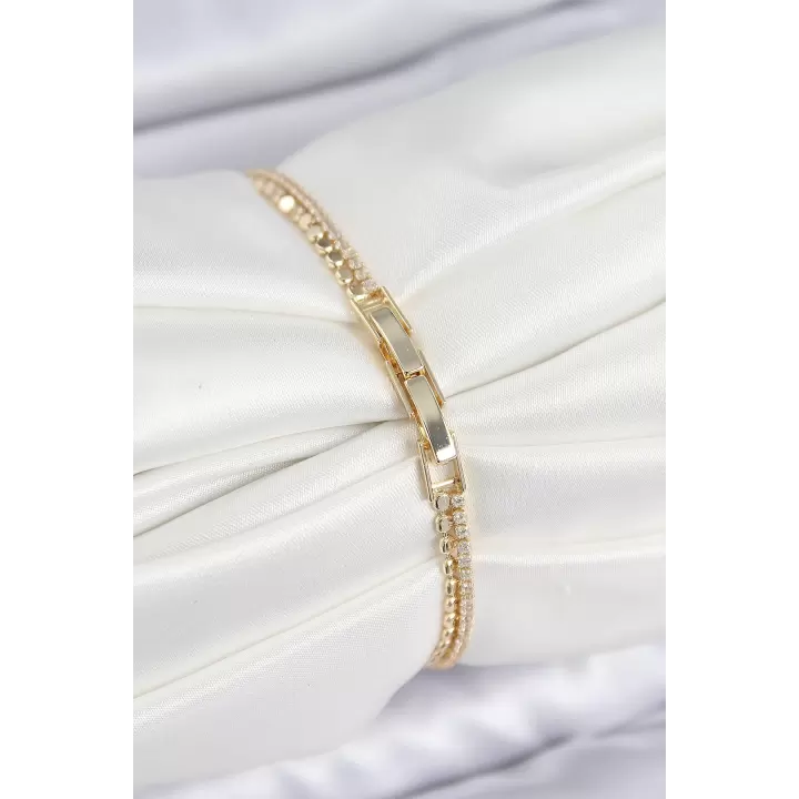 Pirinç Zirkon Taşlı Ezme Zincirli Baget Model Gold Renk Kadın Bilekilk