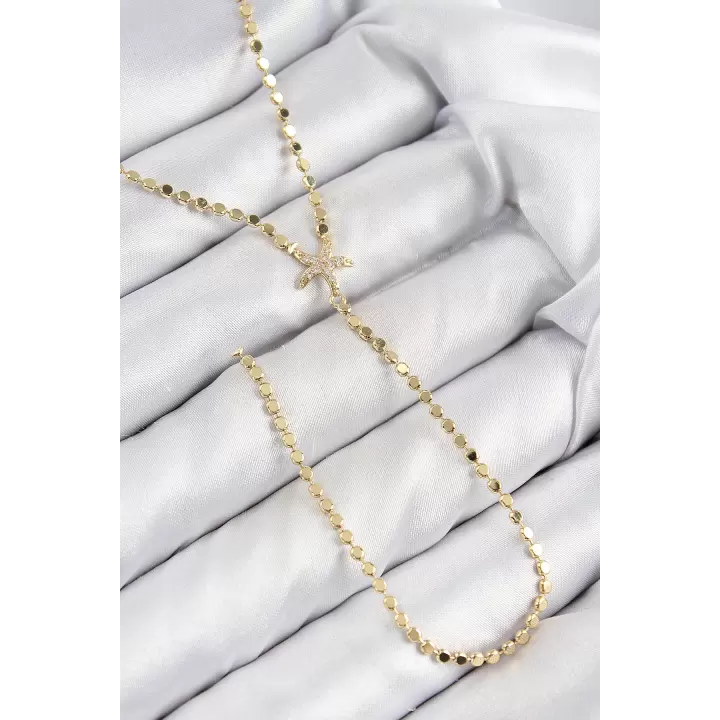 Pirinç Zirkon Taşlı Ezme Zincirli Deniz Yıldızı Model Gold Renk Y Kolye