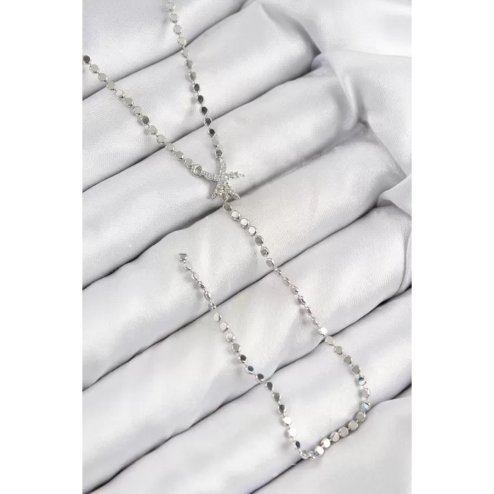 Pirinç Zirkon Taşlı Ezme Zincirli Deniz Yıldızı Model Gümüş Renk Y Kolye