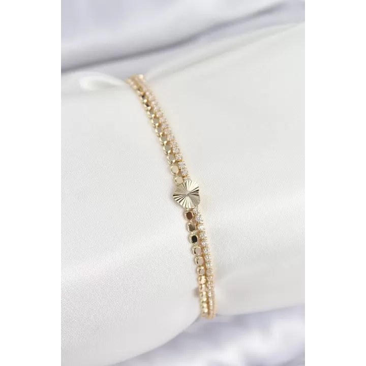 Pirinç Zirkon Taşlı Ezme Zincirli Kalp Model Gold Renk Kadın Bilekilk