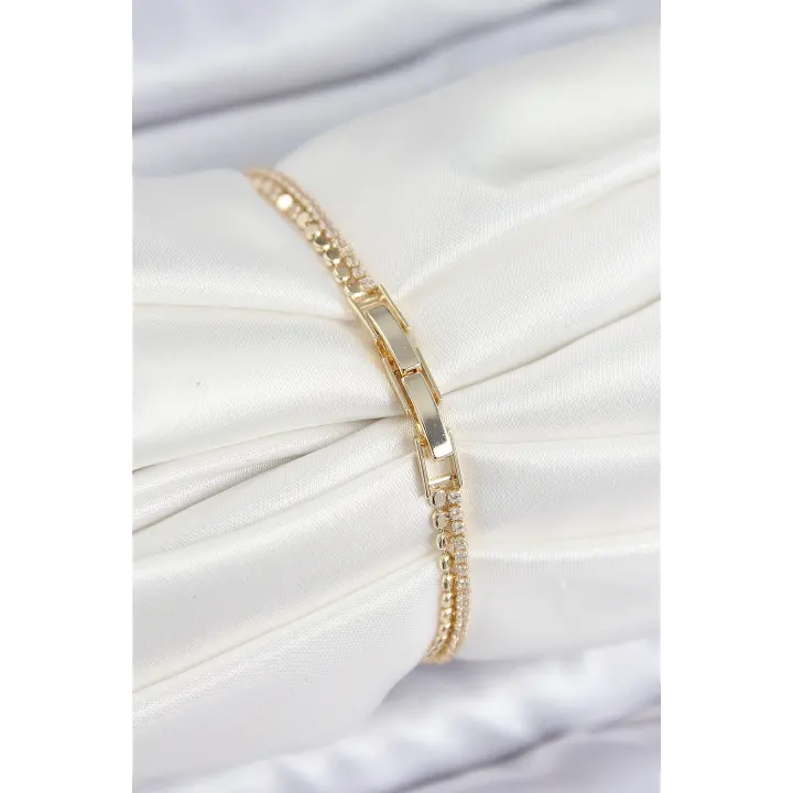 Pirinç Zirkon Taşlı Ezme Zincirli Kalp Model Gold Renk Kadın Bilekilk