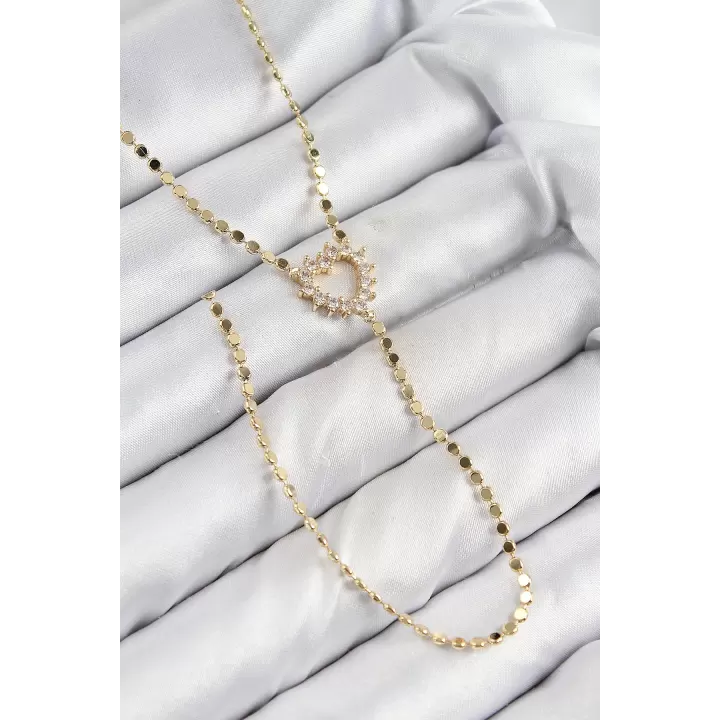 Pirinç Zirkon Taşlı Ezme Zincirli Kalp Model Gold Renk Y Kolye