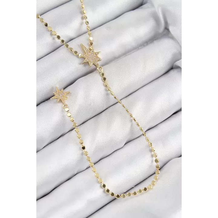 Pirinç Zirkon Taşlı Ezme Zincirli Kutup Yıldızı Model Gold Renk Y Kolye
