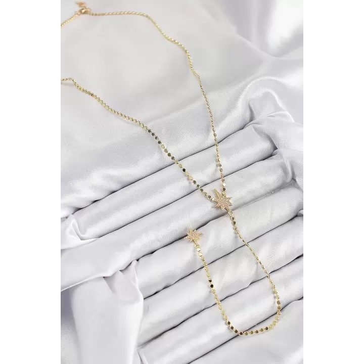 Pirinç Zirkon Taşlı Ezme Zincirli Kutup Yıldızı Model Gold Renk Y Kolye