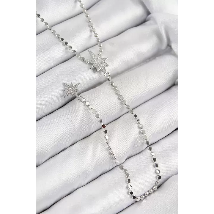 Pirinç Zirkon Taşlı Ezme Zincirli Kutup Yıldızı Model Gümüş Renk Y Kolye