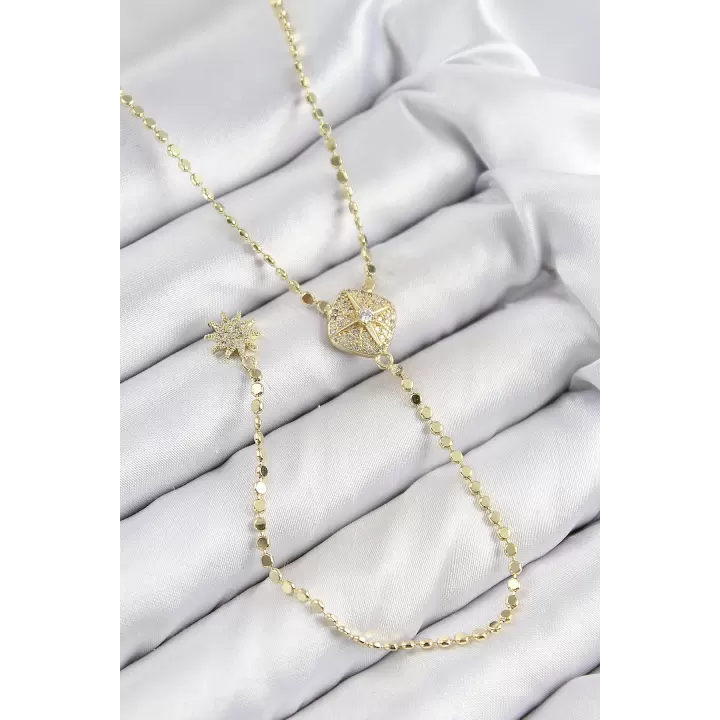 Pirinç Zirkon Taşlı Ezme Zincirli Madalyon Model Gold Renk Y Kolye