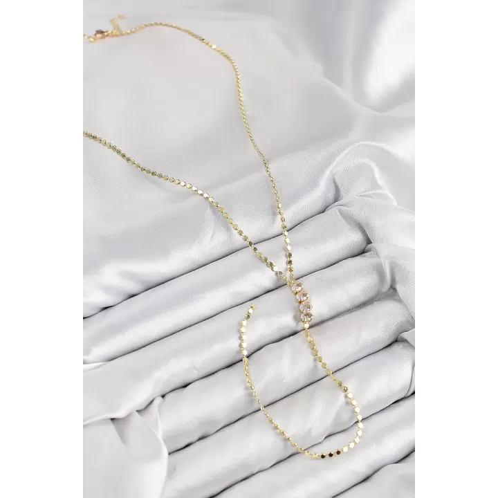 Pirinç Zirkon Taşlı Ezme Zincirli Model Gold Renk Y Kolye