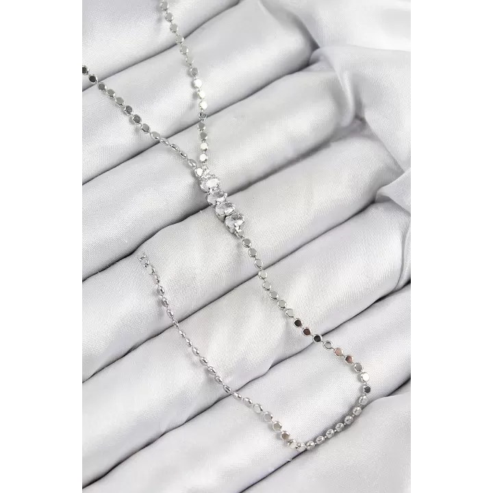 Pirinç Zirkon Taşlı Ezme Zincirli Model Gümüş Renk Y Kolye