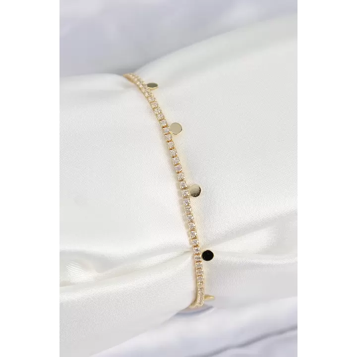 Pirinç Zirkon Taşlı Ezme Zincirli Sıralı Model Gold Renk Kadın Bilekilk