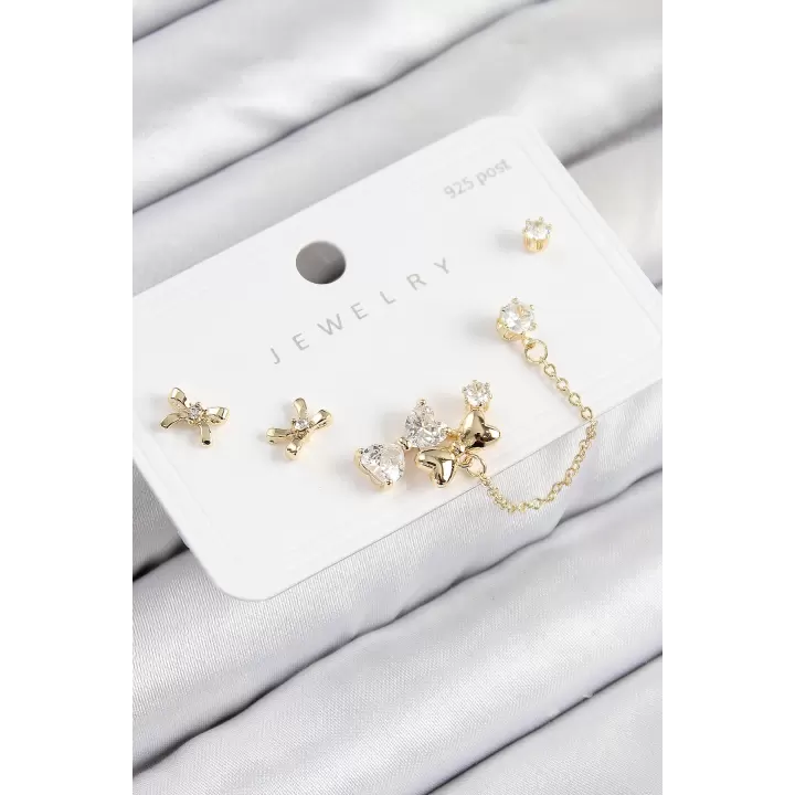 Pirinç Zirkon Taşlı Fiyonk Model Gold Renk 925 Ayar Gümüş Çivi Kadın Küpe Set