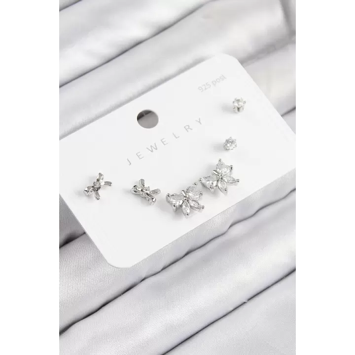 Pirinç Zirkon Taşlı Fiyonk Model Gümüş Renk 925 Ayar Gümüş Çivi Kadın Küpe Set