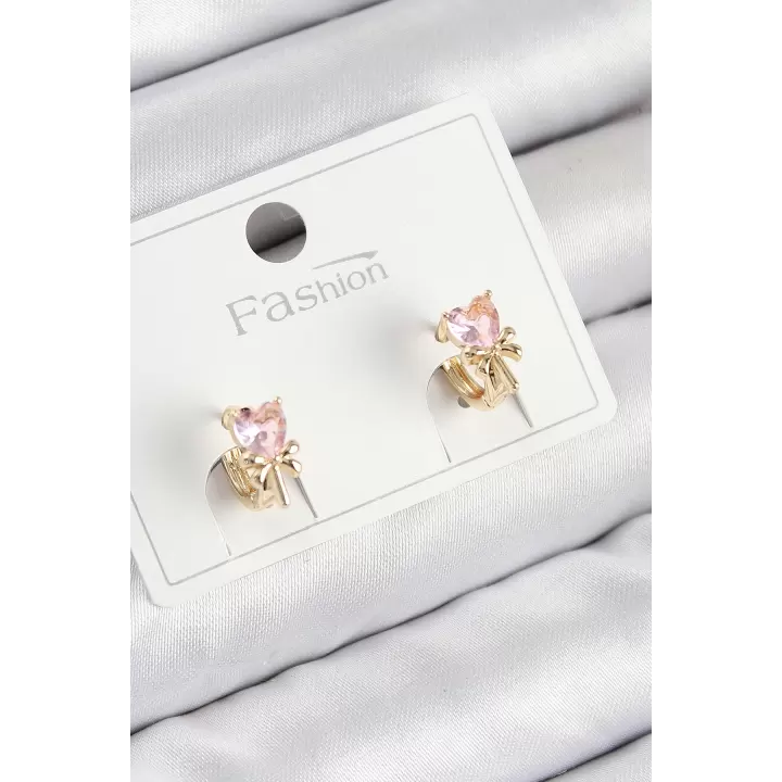 Pirinç Zirkon Taşlı Fiyonklu Kalp Model Gold Renk Çocuk Küpe