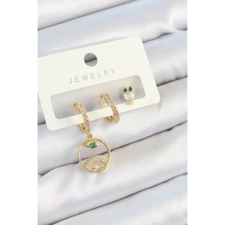 Pirinç Zirkon Taşlı Göz Ve Baykuş Model Gold Renk 3lü Çift Kadın Küpe Set