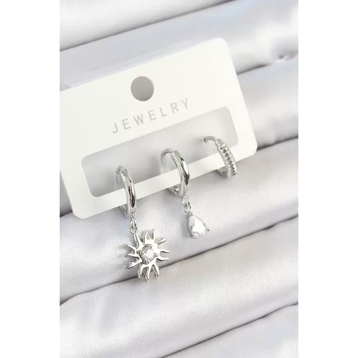 Pirinç Zirkon Taşlı Güneş Model Gümüş Renk 3lü Çift Kadın Küpe Set