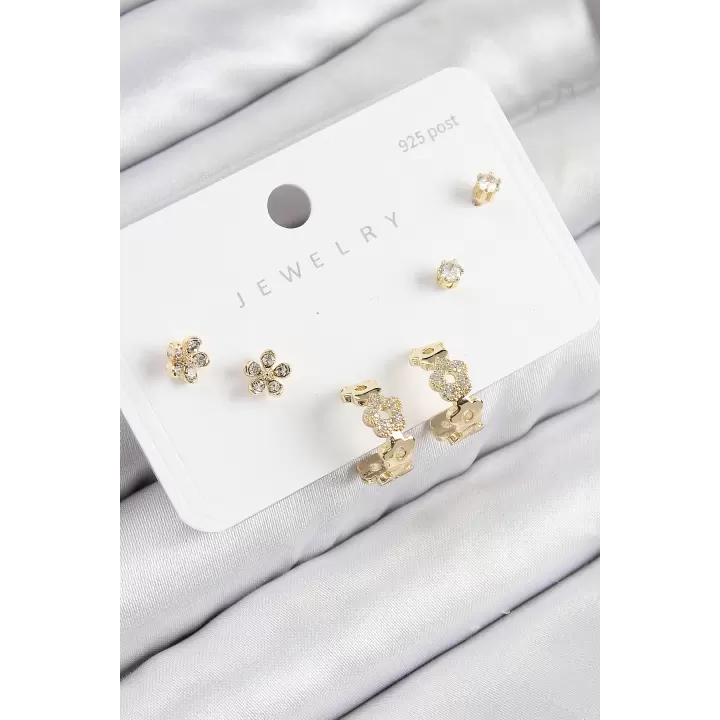 Pirinç Zirkon Taşlı Halka Model Gold Renk 925 Ayar Gümüş Çivi Kadın Küpe Set