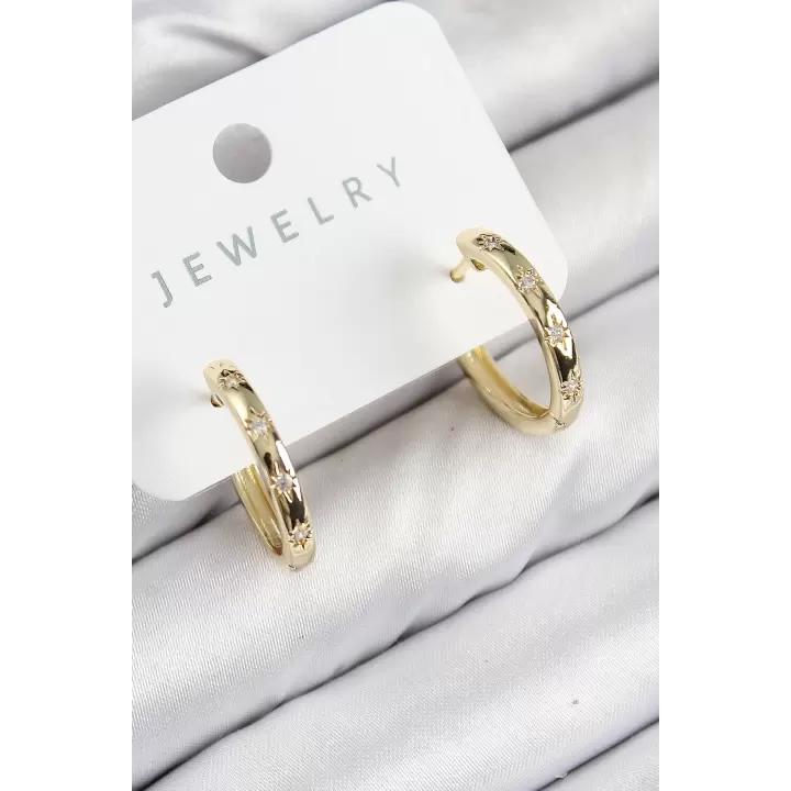 Pirinç Zirkon Taşlı Halka Model Gold Renk Kadın Küpe