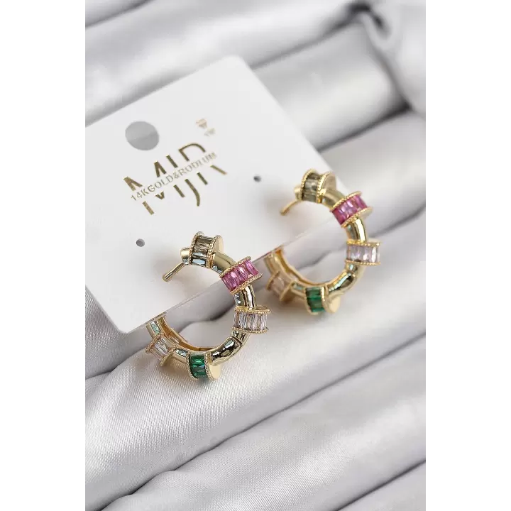 Pirinç Zirkon Taşlı Halka Model Gold Renk Kadın Küpe