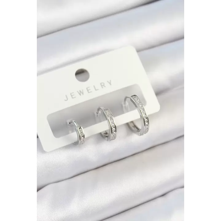 Pirinç Zirkon Taşlı Halka Model Gümüş Renk 3lü Çift Kadın Küpe Set