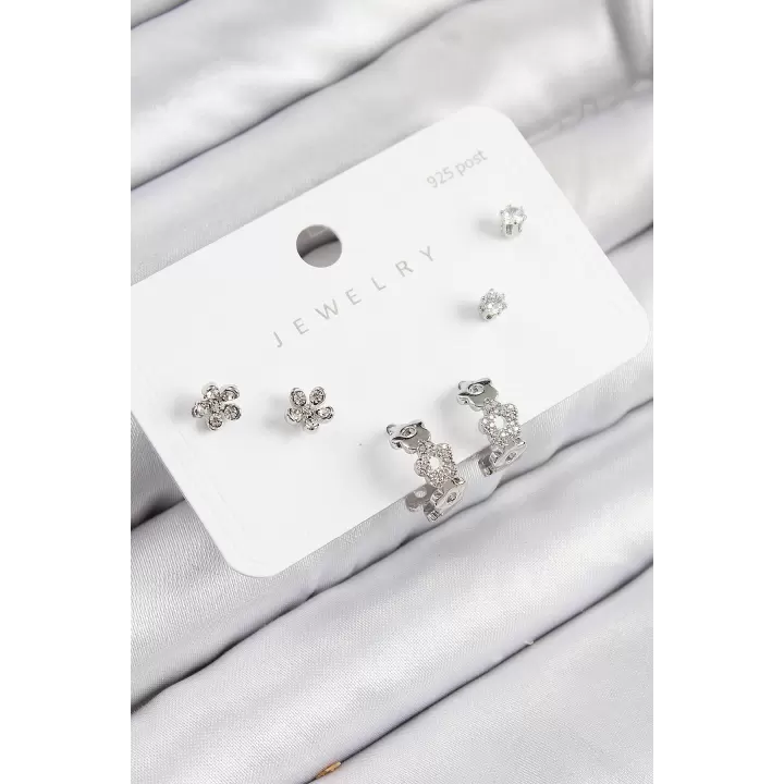 Pirinç Zirkon Taşlı Halka Model Gümüş Renk 925 Ayar Gümüş Çivi Kadın Küpe Set