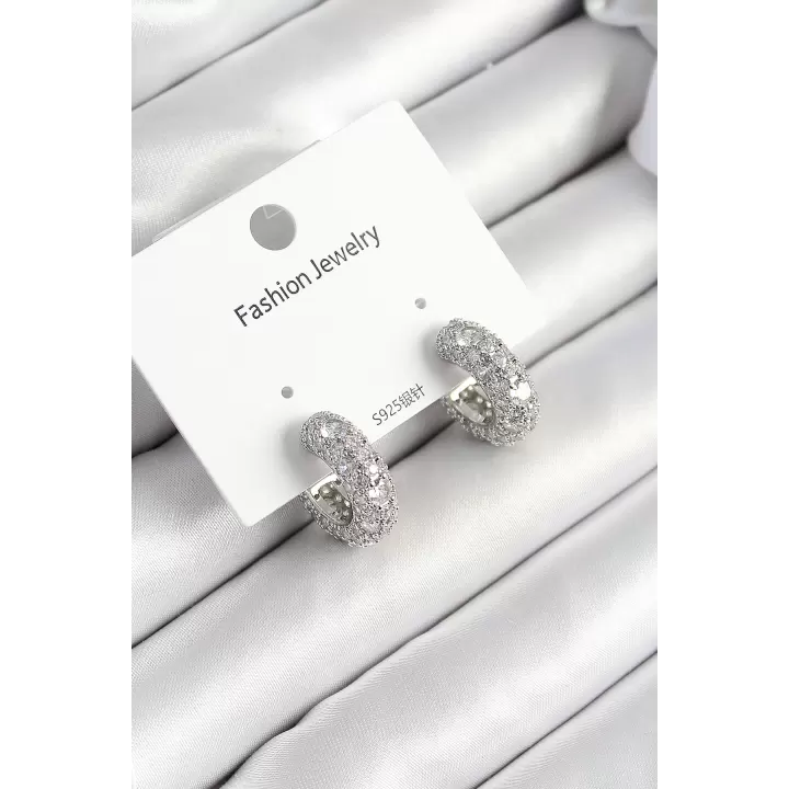 Pirinç Zirkon Taşlı Halka Model Gümüş Renk Kadın Küpe