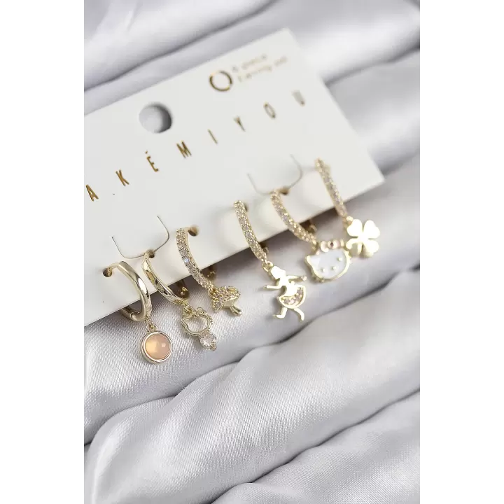 Pirinç Zirkon Taşlı Hello Kity Ve Yonca Model Gold Renk 6lı Küpe Set