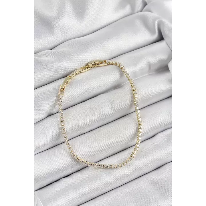 Pirinç Zirkon Taşlı İnce Su Yolu Model Gold Renk Kadın Bileklik