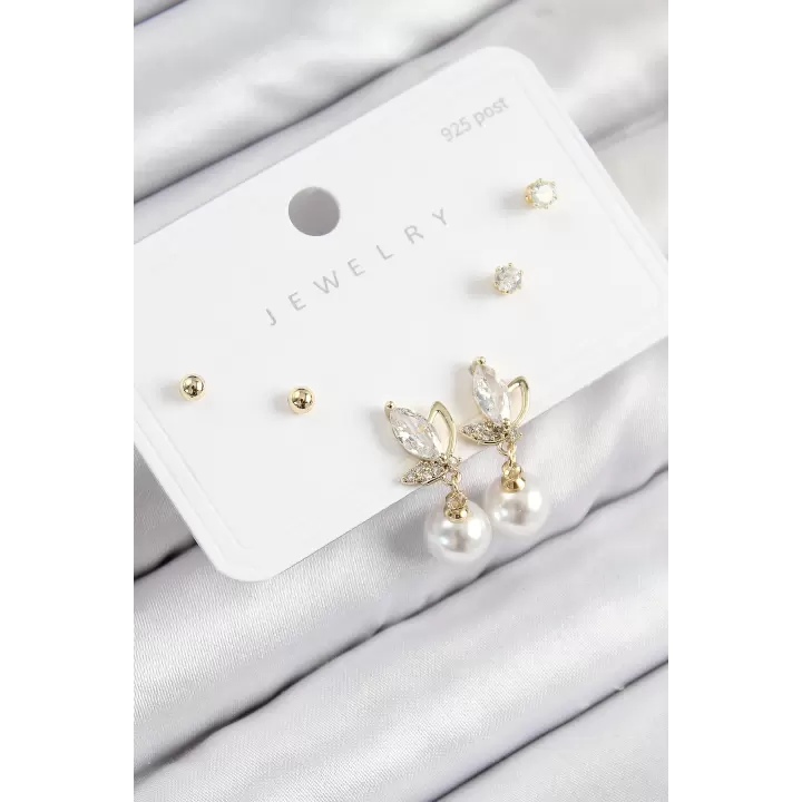 Pirinç Zirkon Taşlı İnci Sallantılı Damla Model Gold Renk 925 Ayar Gümüş Çivi Kadın Küpe Set