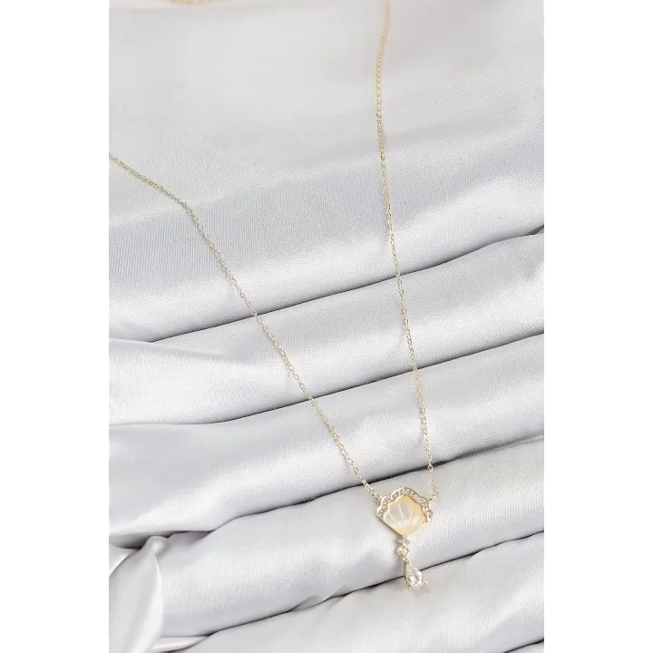 Pirinç Zirkon Taşlı İstiridye Model Gold Renk Kadın Kolye