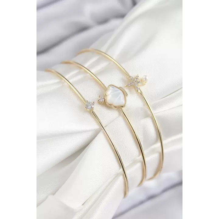 Pirinç Zirkon Taşlı İstiridye Ve Deniz Yıldızı Model Gold Renk Vip 3lü Kadın Bileklik