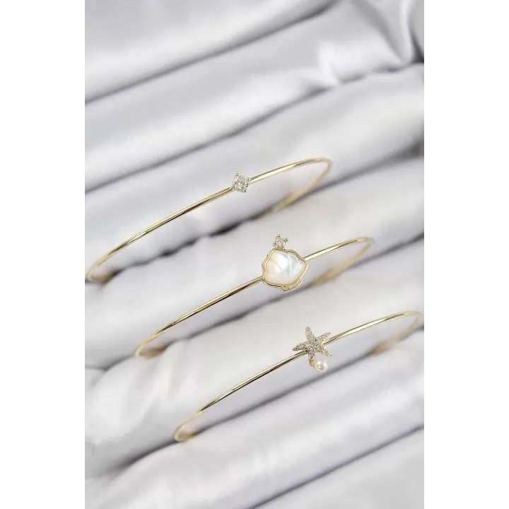 Pirinç Zirkon Taşlı İstiridye Ve Deniz Yıldızı Model Gold Renk Vip 3lü Kadın Bileklik