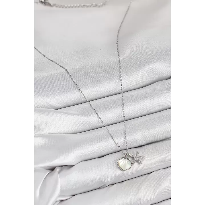 Pirinç Zirkon Taşlı İstiridye Ve Deniz Yıldızı Model Gümüş Renk Kadın Kolye